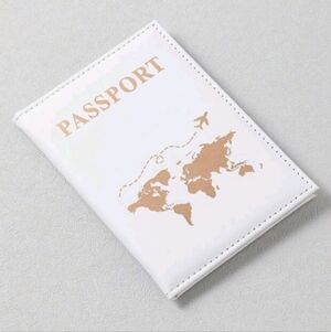 White and Gold Passport Holder Cover With World Map Airplane Design